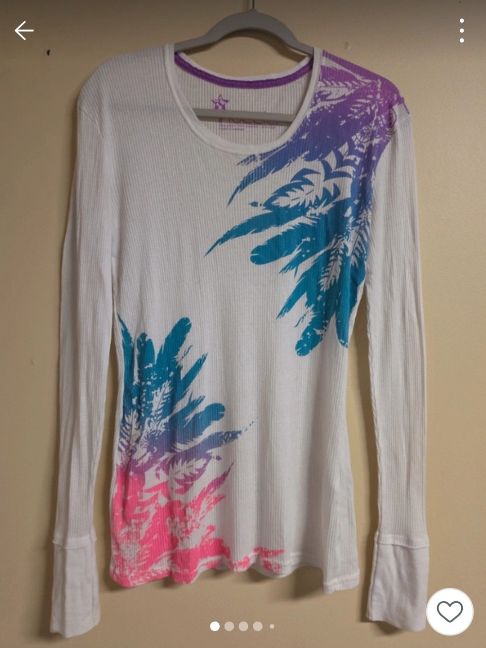 Nollie White Long-Sleeve Top with Pink, Teal & Purple Feather Motif
